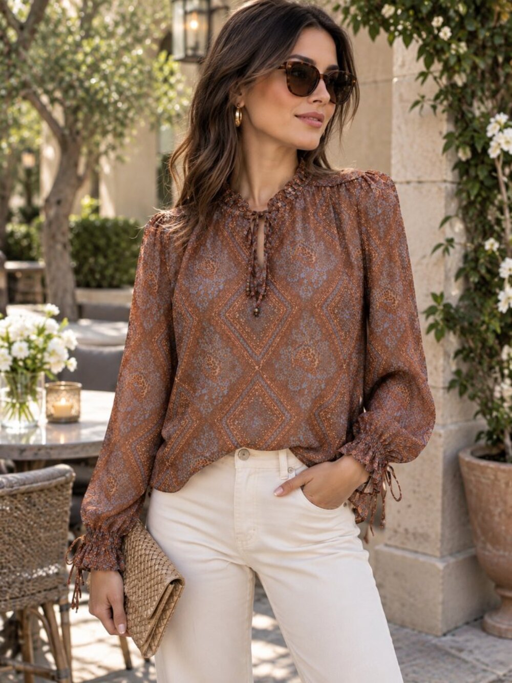 PAIGE Brown Paisley Long Sleeve Boho Peasant Blouse XS, NWT